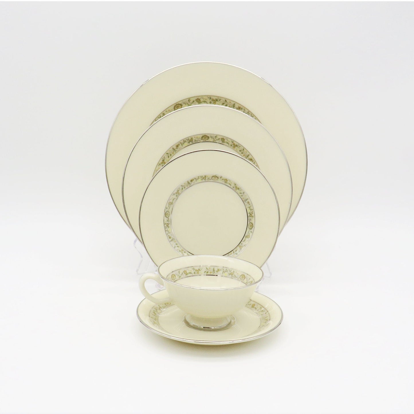 Lenox China Set for 8 LENOX Springdale Platinum Trim 5 Piece Place Setting, Yellow Flowers, Green Leaves | Wedding Present 42 Piece Dinnerware - China Set ClassyTea