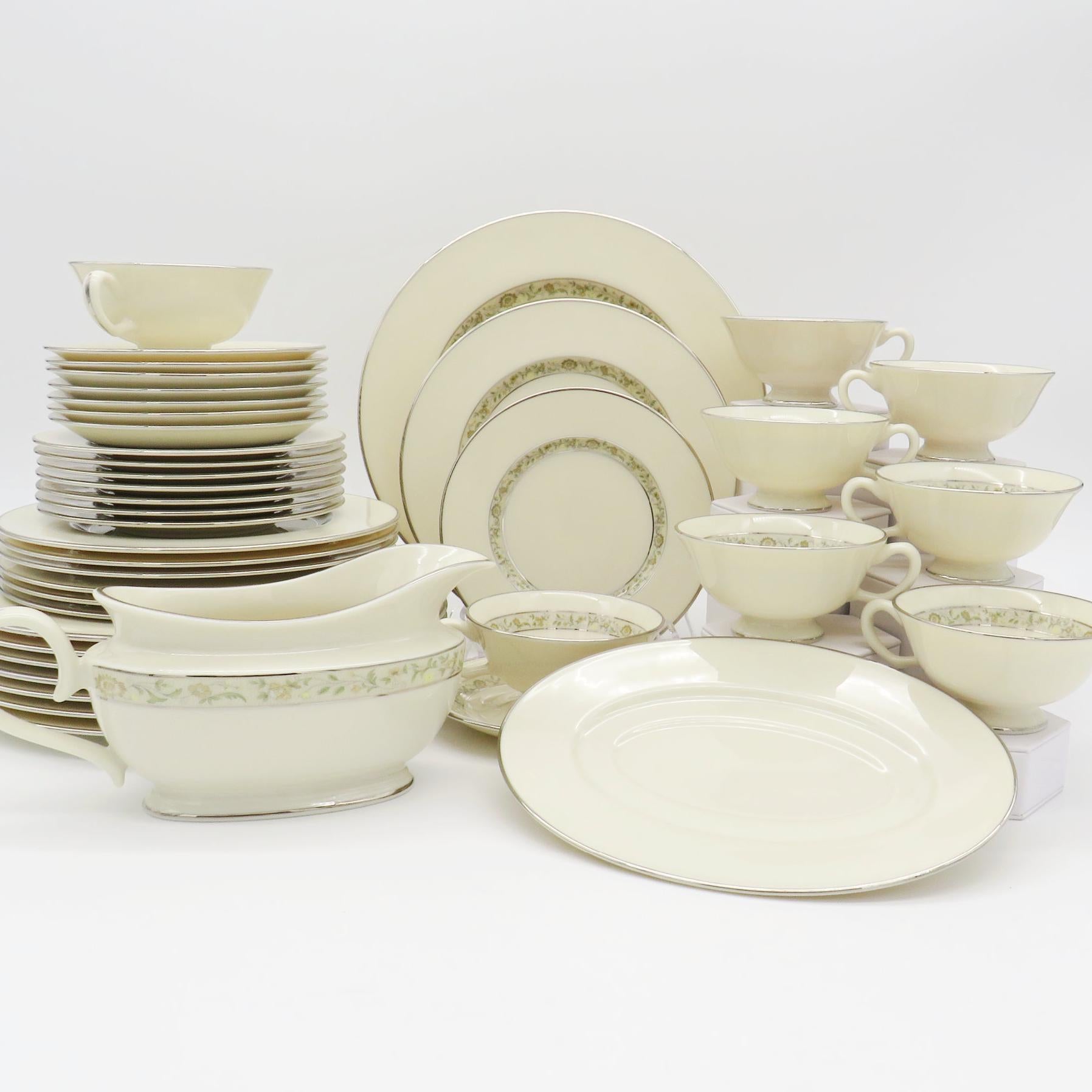 Lenox China Set for 8 LENOX Springdale Platinum Trim 5 Piece Place Setting, Yellow Flowers, Green Leaves | Wedding Present 42 Piece Dinnerware - China Set ClassyTea