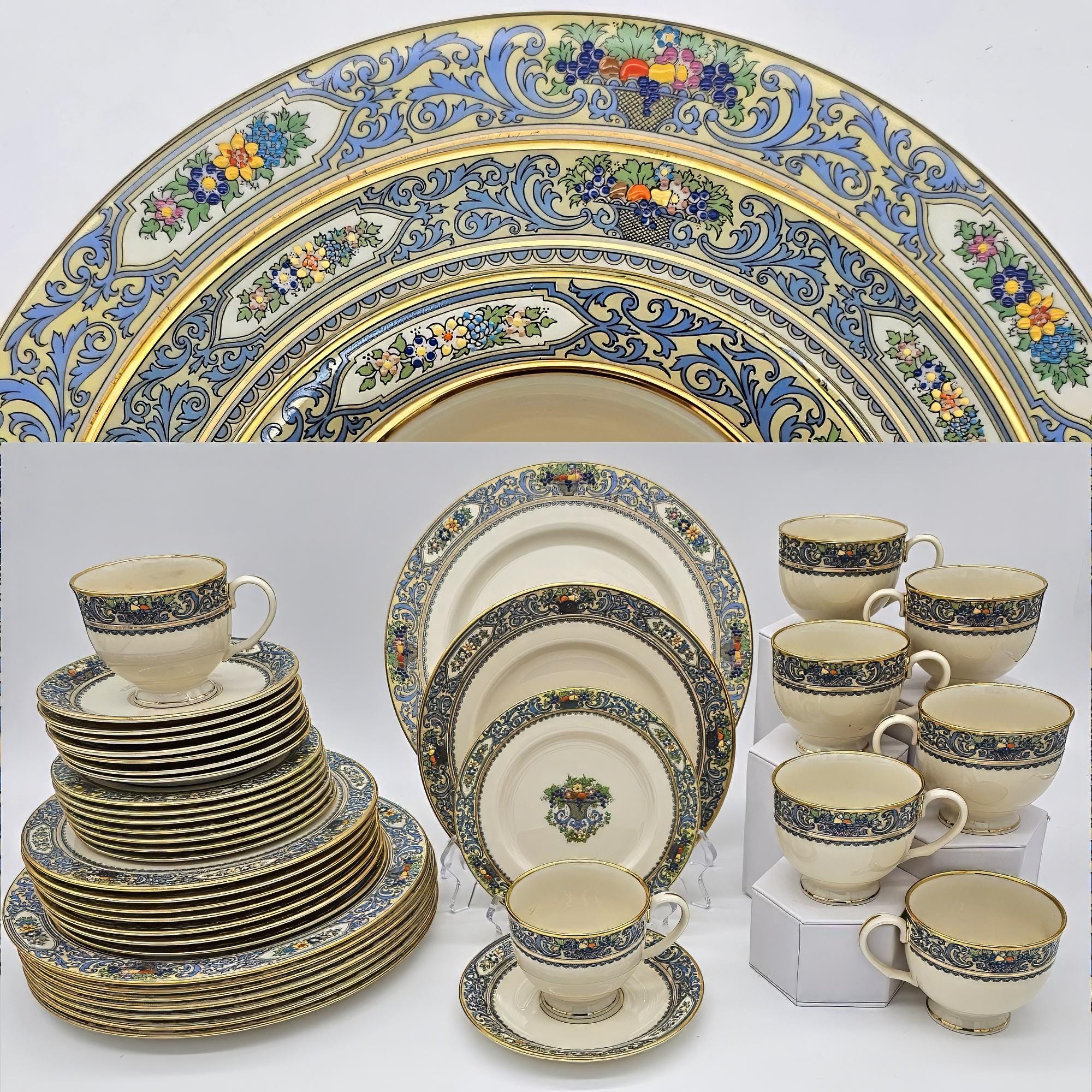 Lenox Lenox Autumn Fine China Set for 8 with 22kt Gold Trim | 40 Piece Set | Presidential Collection Blue Scrolls, Fruit | (Gold Back - Stamp) - China Set ClassyTea