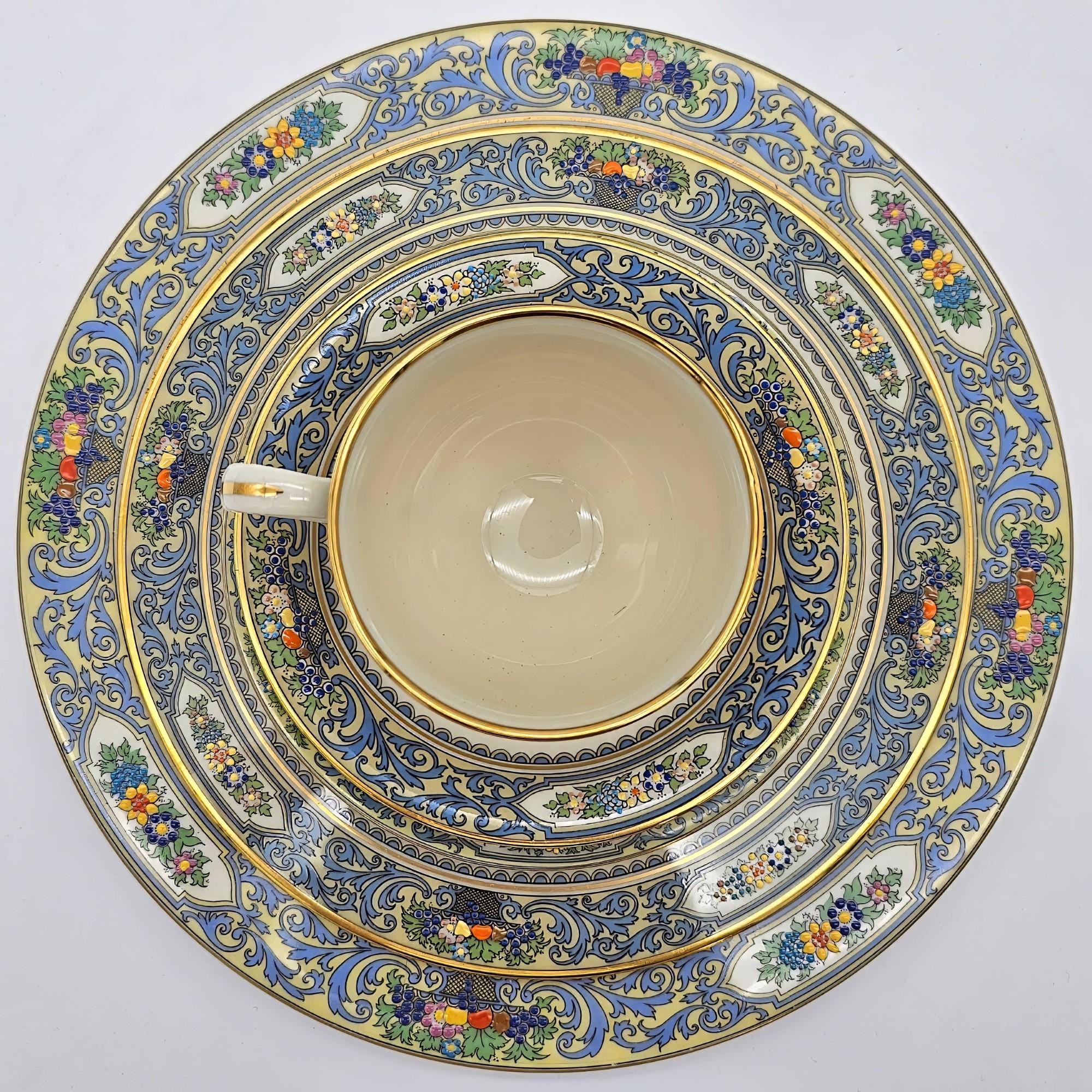 Lenox Lenox Autumn Fine China Set for 8 with 22kt Gold Trim | 40 Piece Set | Presidential Collection Blue Scrolls, Fruit | (Gold Back - Stamp) - China Set ClassyTea
