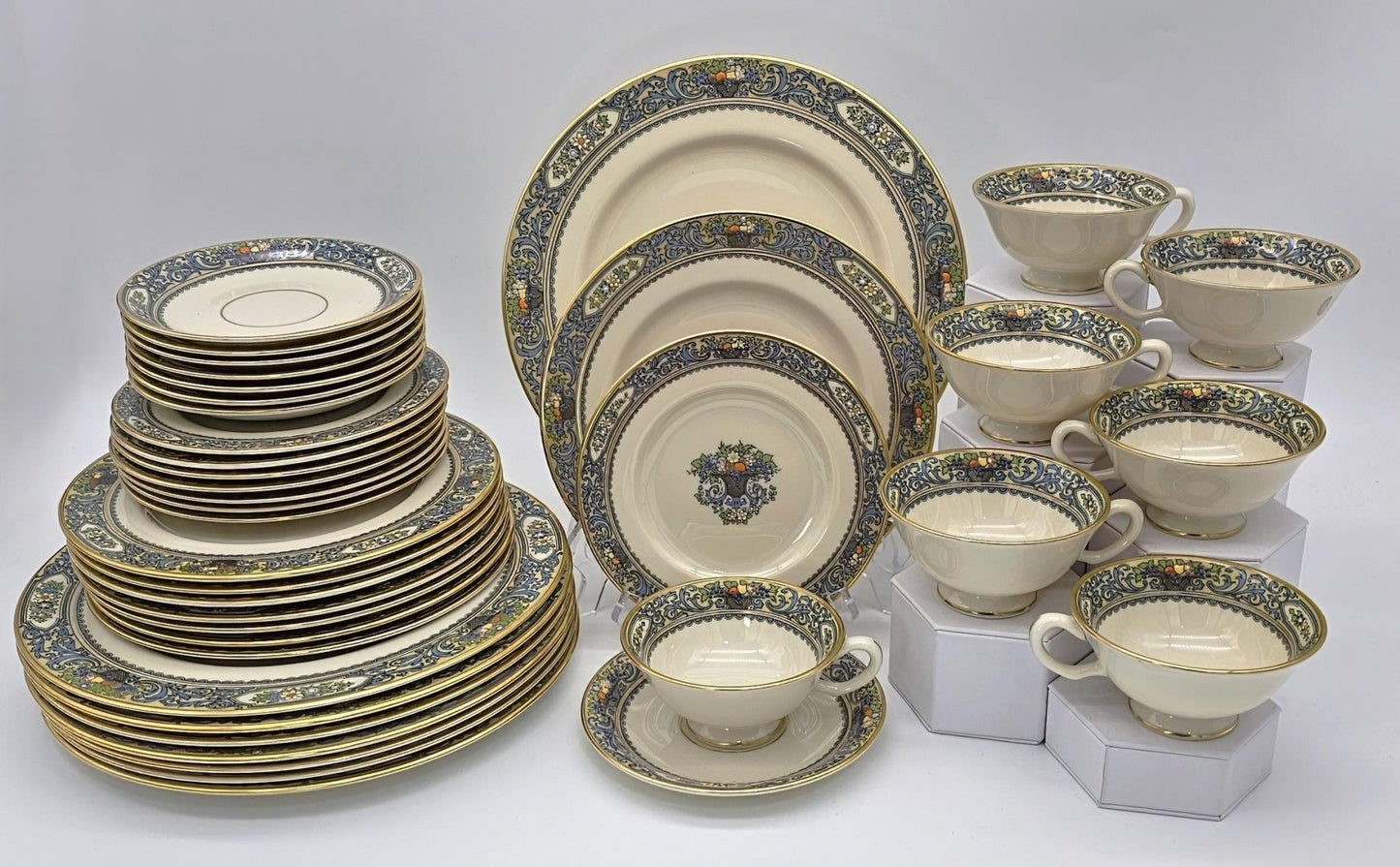 Lenox Lenox Autumn Fine China Set for 8 with 22kt Gold Trim | 40 Piece Set | Presidential Collection Blue Scrolls, Fruit Made in USA - China Set ClassyTea