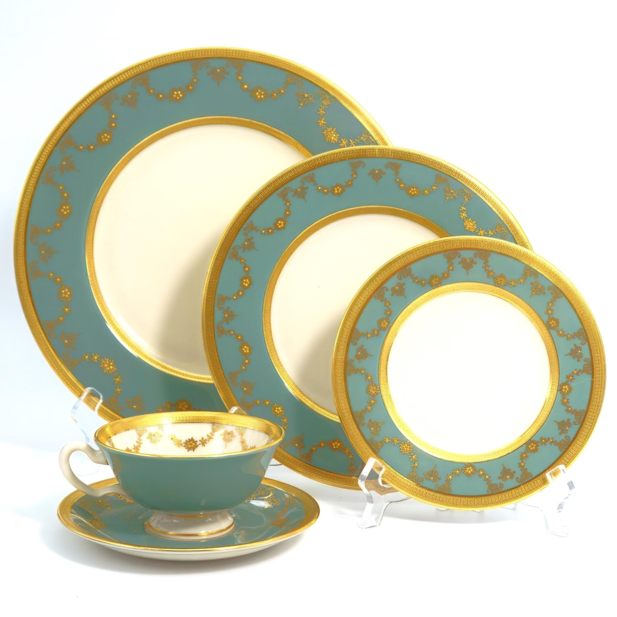 Lenox Lenox Westport Vintage China Set for 8 Guests 24kt Gold Gilded Antique Dinnerware Set Sage Green and Gold Dinner Plates Teacups Teal Celadon - China Set ClassyTea