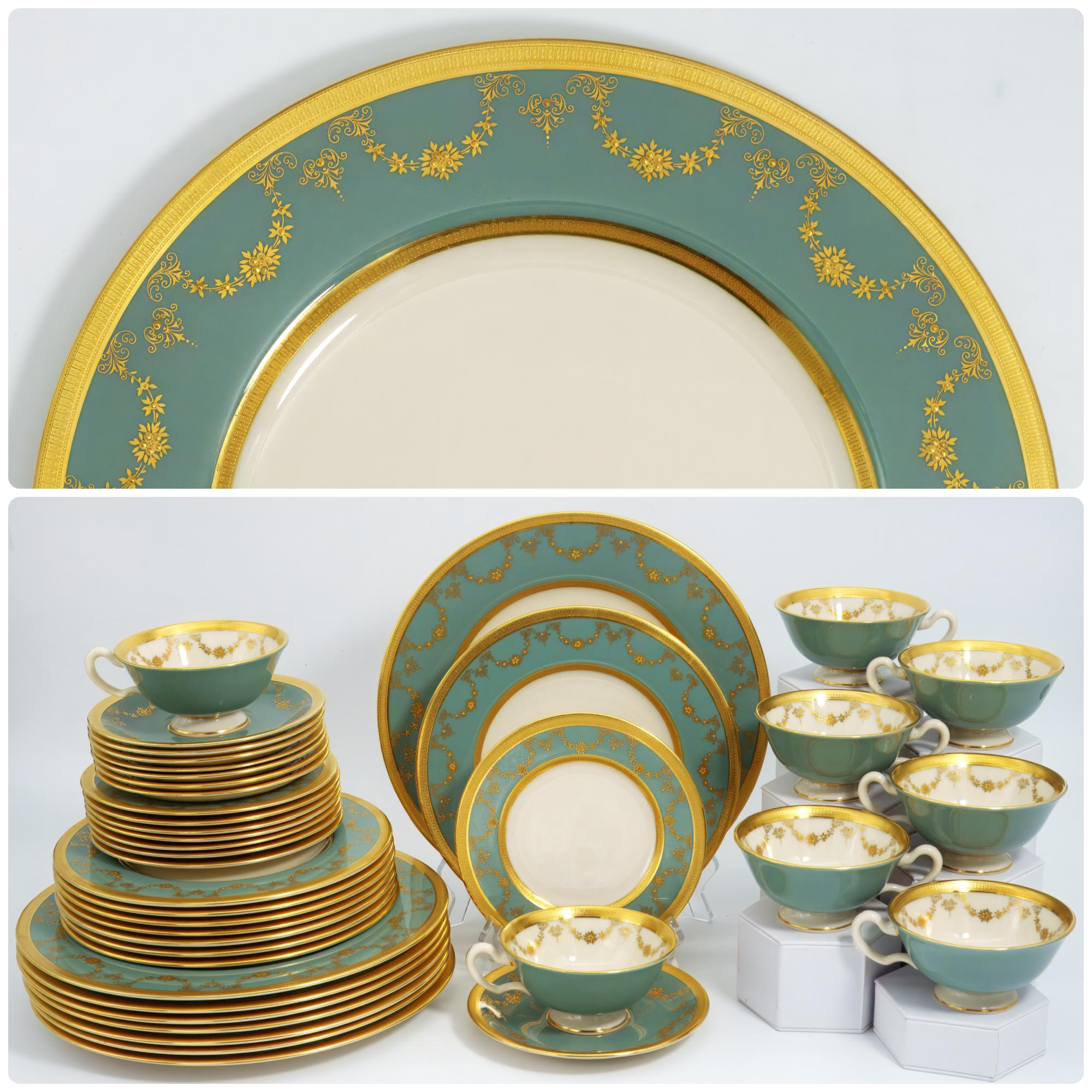 Lenox Lenox Westport Vintage China Set for 8 Guests 24kt Gold Gilded Antique Dinnerware Set Sage Green and Gold Dinner Plates Teacups Teal Celadon - China Set ClassyTea