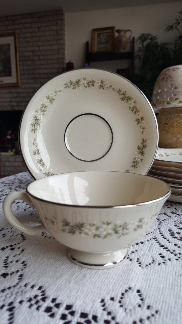 Lenox Set for 8 LENOX Brookdale Cup and Saucer Fine China Luxury Dinnerware White/Yellow Flowers On Rim Platinum Trim Wedding Gift | Thanksgiving - Cups & Saucers ClassyTea