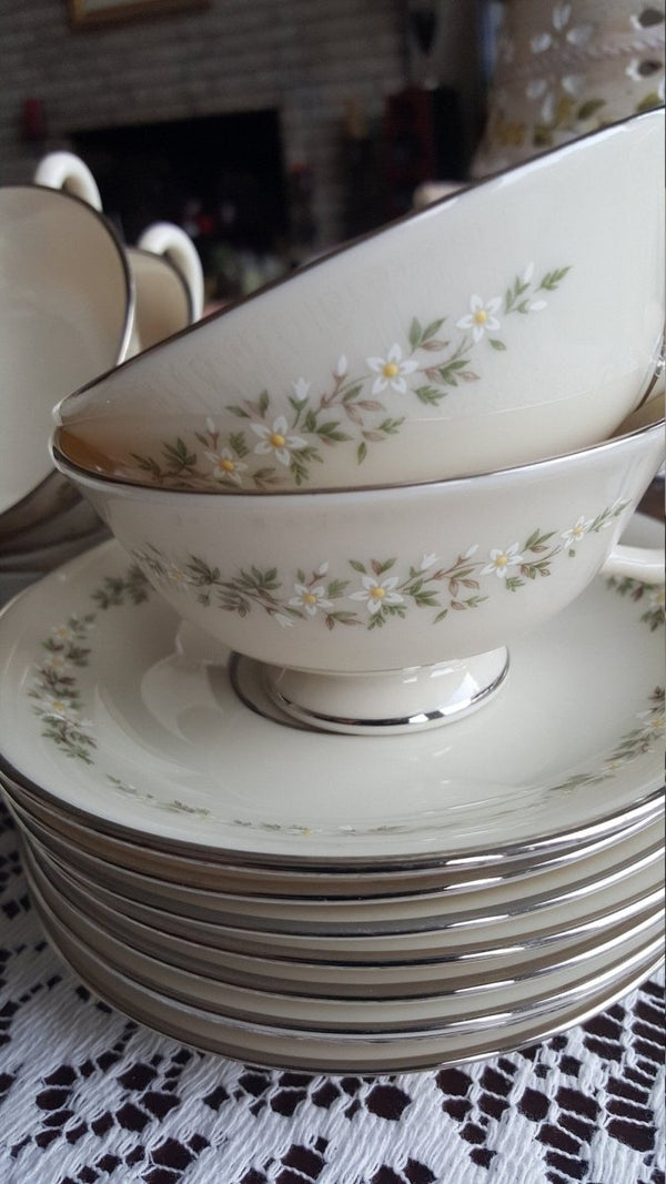 Lenox Set for 8 LENOX Brookdale Cup and Saucer Fine China Luxury Dinnerware White/Yellow Flowers On Rim Platinum Trim Wedding Gift | Thanksgiving - Cups & Saucers ClassyTea