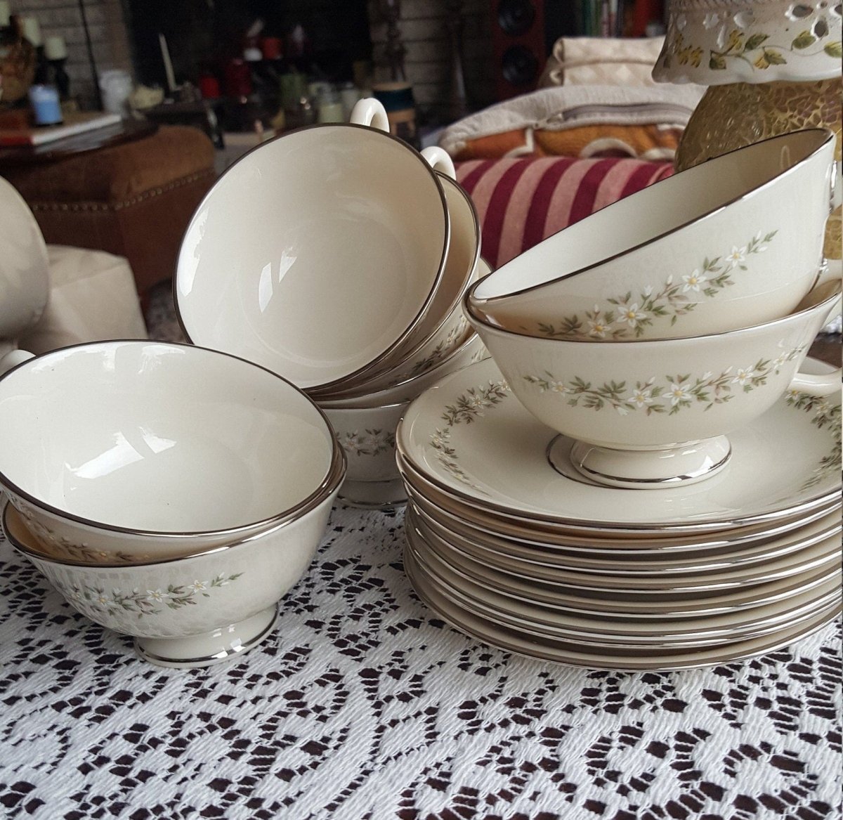 Lenox Set for 8 LENOX Brookdale Cup and Saucer Fine China Luxury Dinnerware White/Yellow Flowers On Rim Platinum Trim Wedding Gift | Thanksgiving - Cups & Saucers ClassyTea