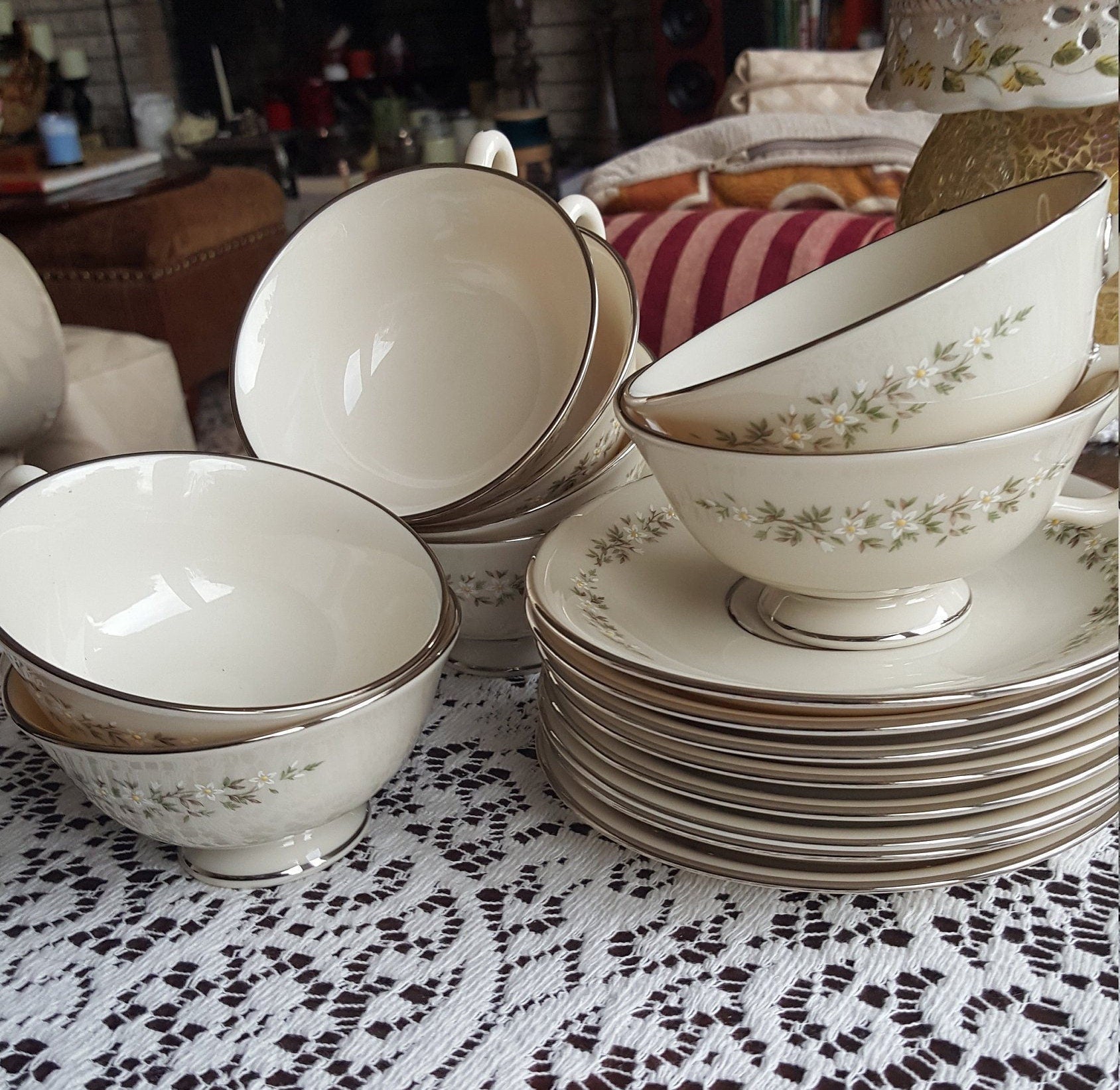 Lenox Set for 8 LENOX Brookdale Cup and Saucer Fine China Luxury Dinnerware White/Yellow Flowers On Rim Platinum Trim Wedding Gift | Thanksgiving - Cups & Saucers ClassyTea