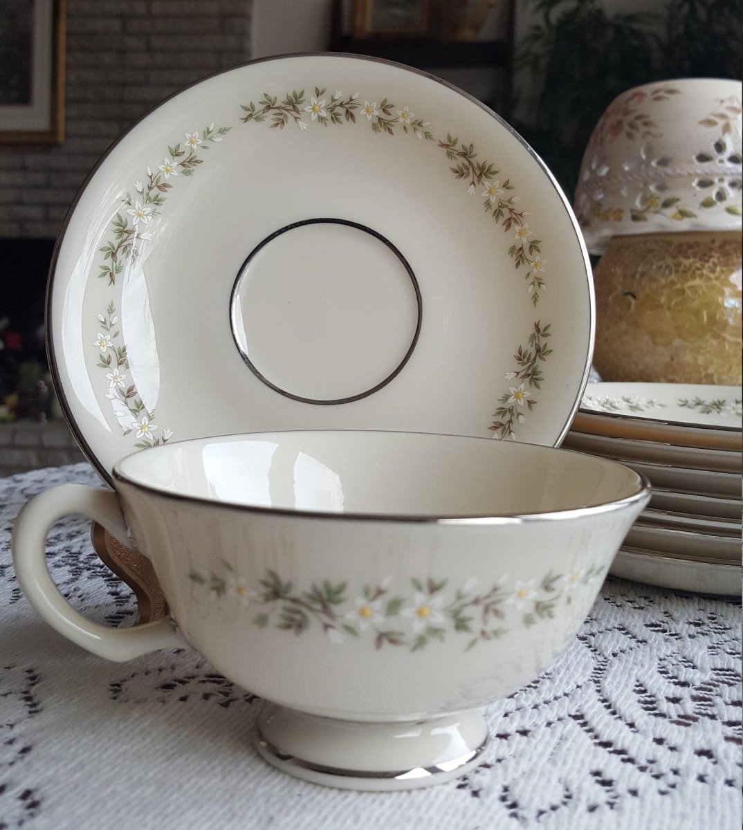 Lenox Set for 8 LENOX Brookdale Cup and Saucer Fine China Luxury Dinnerware White/Yellow Flowers On Rim Platinum Trim Wedding Gift | Thanksgiving - Cups & Saucers ClassyTea