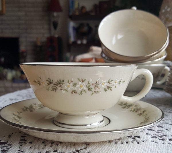 Lenox Set for 8 LENOX Brookdale Cup and Saucer Fine China Luxury Dinnerware White/Yellow Flowers On Rim Platinum Trim Wedding Gift | Thanksgiving - Cups & Saucers ClassyTea