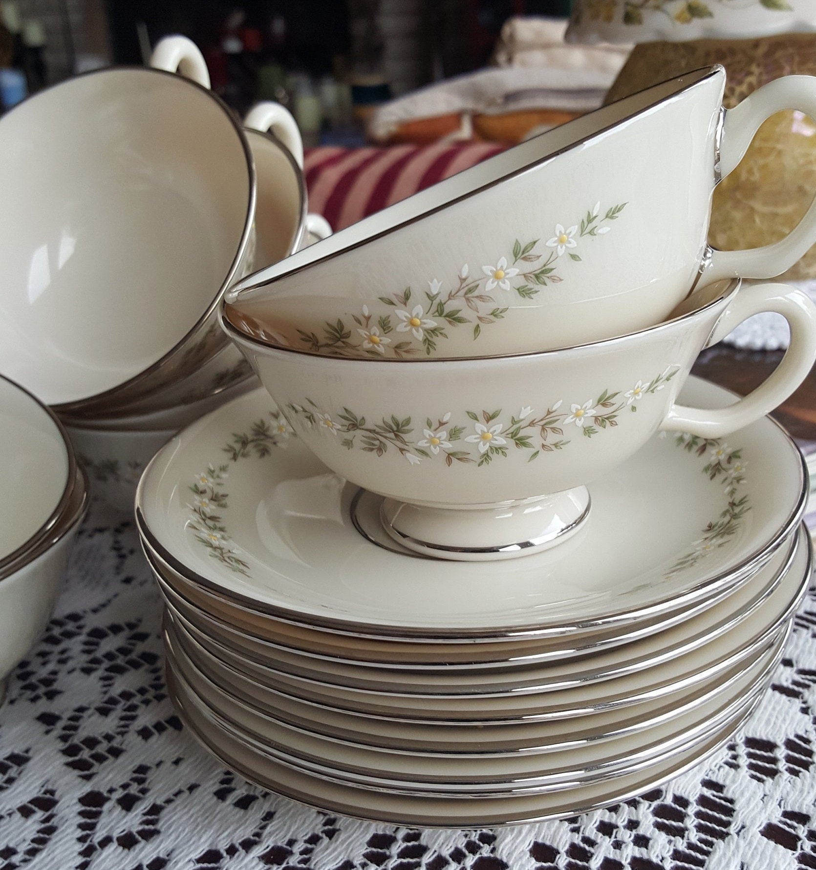 Lenox Set for 8 LENOX Brookdale Cup and Saucer Fine China Luxury Dinnerware White/Yellow Flowers On Rim Platinum Trim Wedding Gift | Thanksgiving - Cups & Saucers ClassyTea