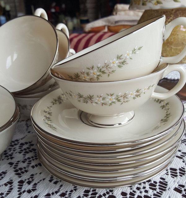 Lenox Set for 8 LENOX Brookdale Cup and Saucer Fine China Luxury Dinnerware White/Yellow Flowers On Rim Platinum Trim Wedding Gift | Thanksgiving - Cups & Saucers ClassyTea