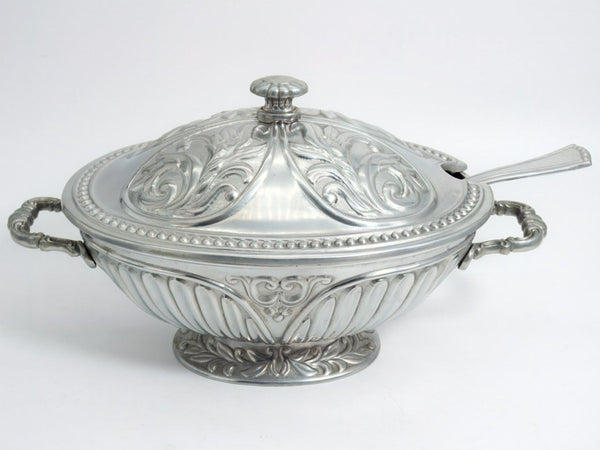 Lenox Pewter Soup Tureen w/ Ladle Set | Lenox Butlers Pantry Vintage Serving Bowl Brushed Silver Aluminum Sauce Victorian Punch USA Presidential - Metal Tureen ClassyTea