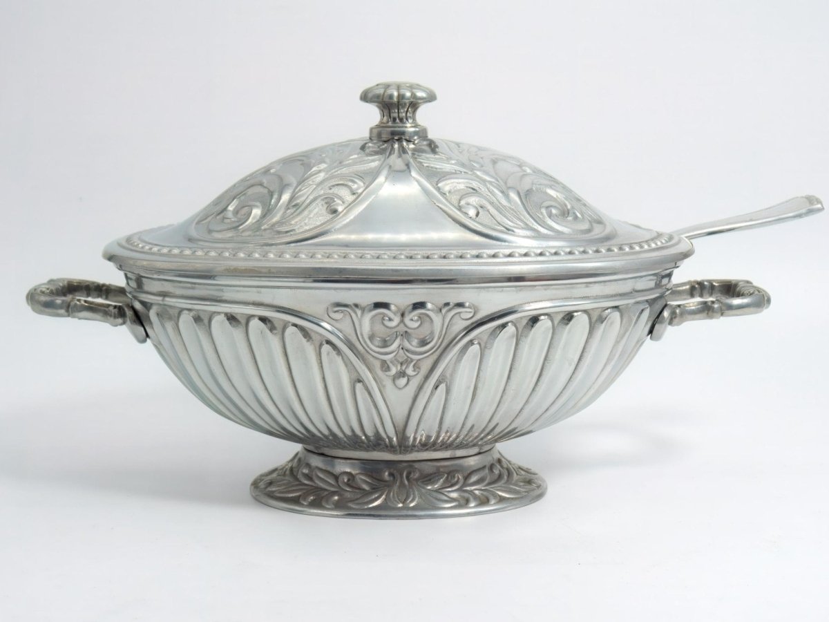 Lenox Pewter Soup Tureen w/ Ladle Set | Lenox Butlers Pantry Vintage Serving Bowl Brushed Silver Aluminum Sauce Victorian Punch USA Presidential - Metal Tureen ClassyTea