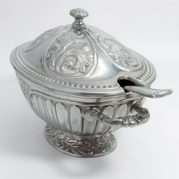 Lenox Pewter Soup Tureen w/ Ladle Set | Lenox Butlers Pantry Vintage Serving Bowl Brushed Silver Aluminum Sauce Victorian Punch USA Presidential - Metal Tureen ClassyTea