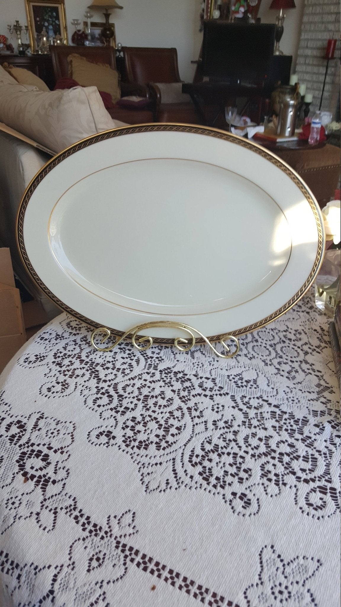 Lenox Lenox Tyler 15" Oval Serving Tray, Cream with Black Band Gold Ropes Gold Trim Luxury Dinnerware China Set - Oval Serving Platter ClassyTea