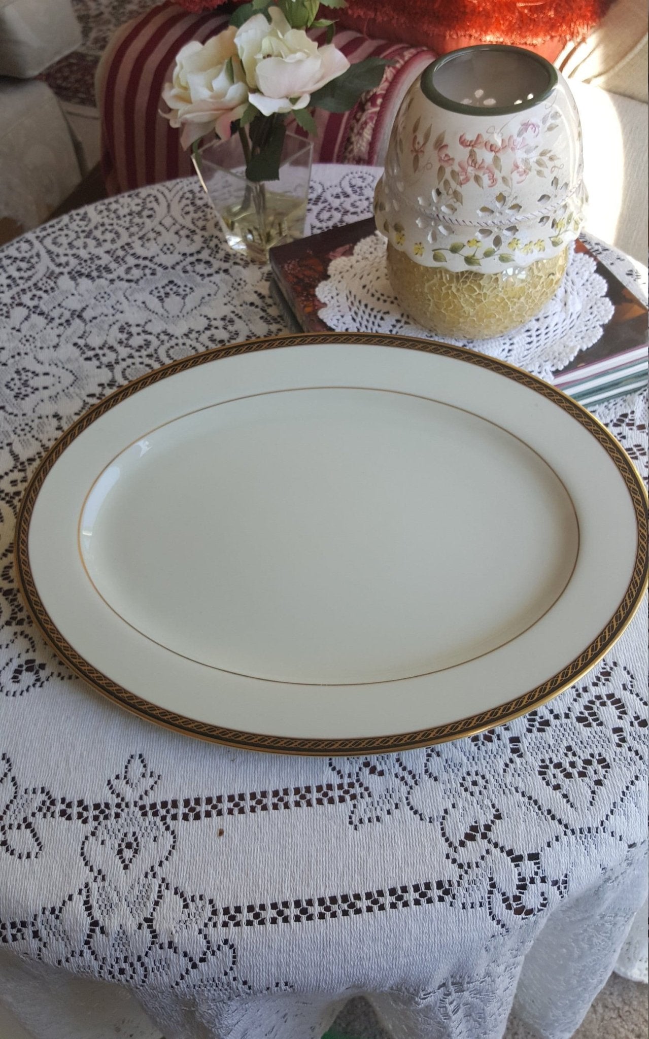 Lenox Lenox Tyler 15" Oval Serving Tray, Cream with Black Band Gold Ropes Gold Trim Luxury Dinnerware China Set - Oval Serving Platter ClassyTea
