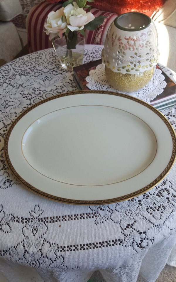 Lenox Lenox Tyler 15" Oval Serving Tray, Cream with Black Band Gold Ropes Gold Trim Luxury Dinnerware China Set - Oval Serving Platter ClassyTea