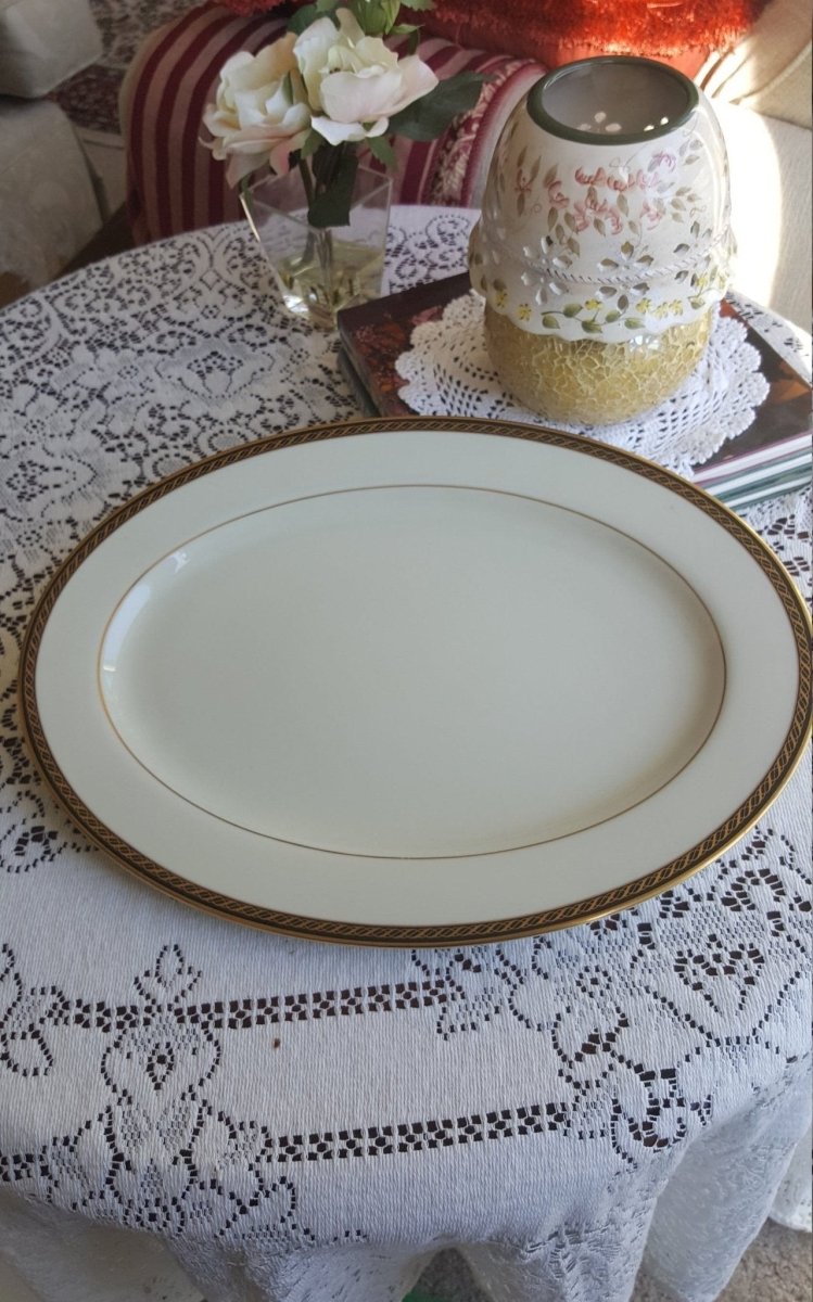 Lenox Lenox Tyler 15" Oval Serving Tray, Cream with Black Band Gold Ropes Gold Trim Luxury Dinnerware China Set - Oval Serving Platter ClassyTea