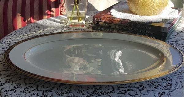 Lenox Lenox Tyler 15" Oval Serving Tray, Cream with Black Band Gold Ropes Gold Trim Luxury Dinnerware China Set - Oval Serving Platter ClassyTea