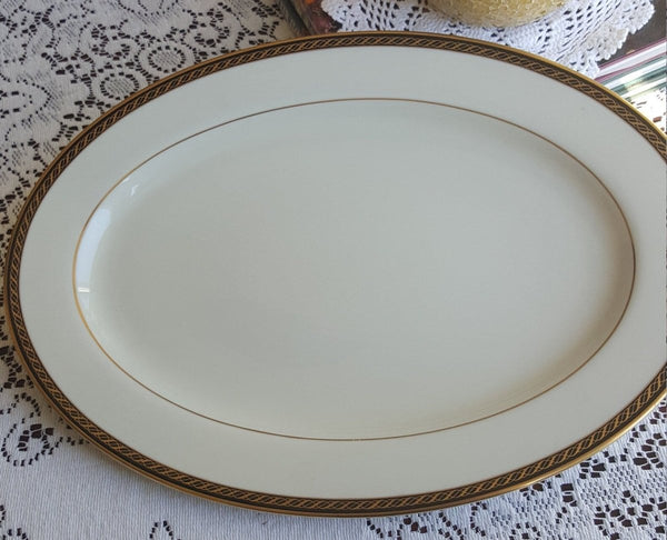 Lenox Lenox Tyler 15" Oval Serving Tray, Cream with Black Band Gold Ropes Gold Trim Luxury Dinnerware China Set - Oval Serving Platter ClassyTea