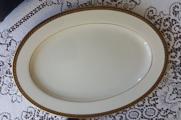 Lenox Lenox Tyler 15" Oval Serving Tray, Cream with Black Band Gold Ropes Gold Trim Luxury Dinnerware China Set - Oval Serving Platter ClassyTea