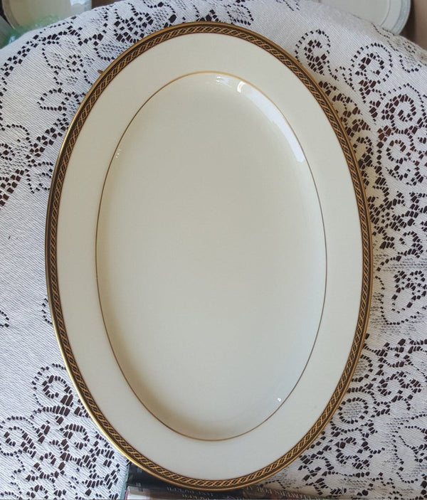 Lenox Lenox Tyler 15" Oval Serving Tray, Cream with Black Band Gold Ropes Gold Trim Luxury Dinnerware China Set - Oval Serving Platter ClassyTea