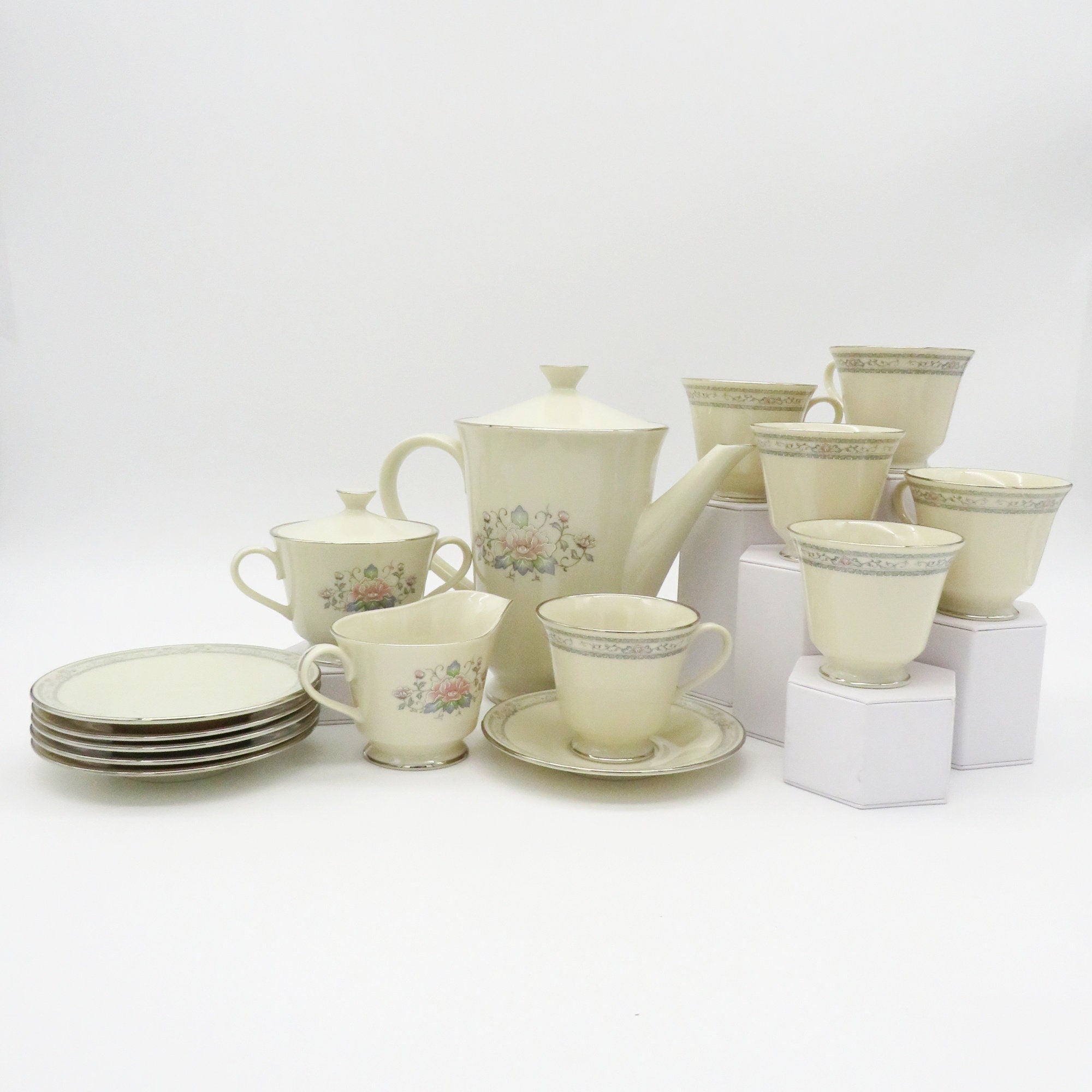 Lenox Lenox Charleston Coffee/Tea Set for 6 Guests| Coffee Pot, Cups, Sugar, and Creamer | Floral Pink Rose Peonies, Cream Color | Platinum Trim - Tea Set ClassyTea
