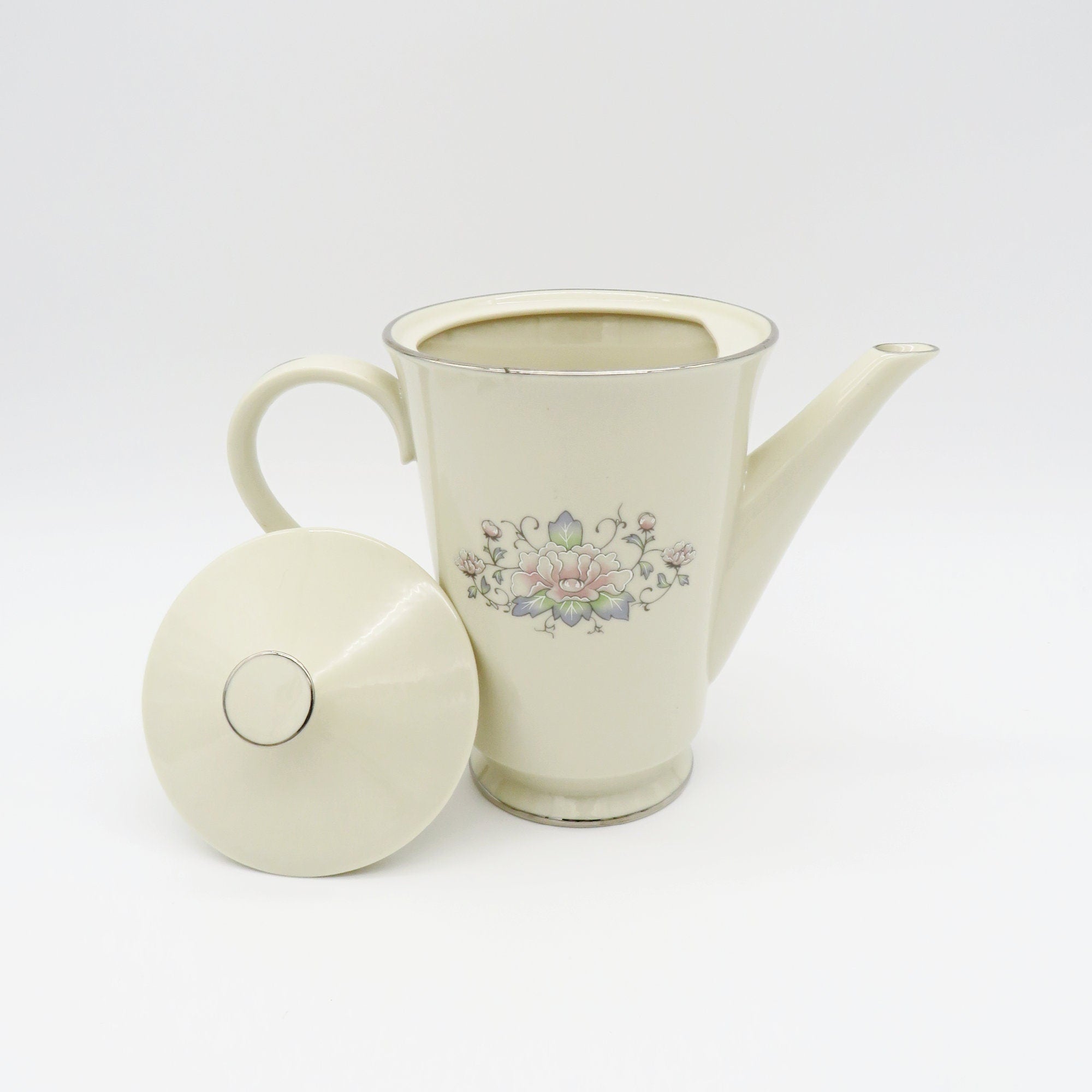 Lenox Lenox Charleston Coffee/Tea Set for 6 Guests| Coffee Pot, Cups, Sugar, and Creamer | Floral Pink Rose Peonies, Cream Color | Platinum Trim - Tea Set ClassyTea