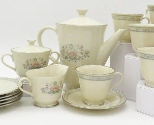 Lenox Lenox Charleston Coffee/Tea Set for 6 Guests| Coffee Pot, Cups, Sugar, and Creamer | Floral Pink Rose Peonies, Cream Color | Platinum Trim - Tea Set ClassyTea