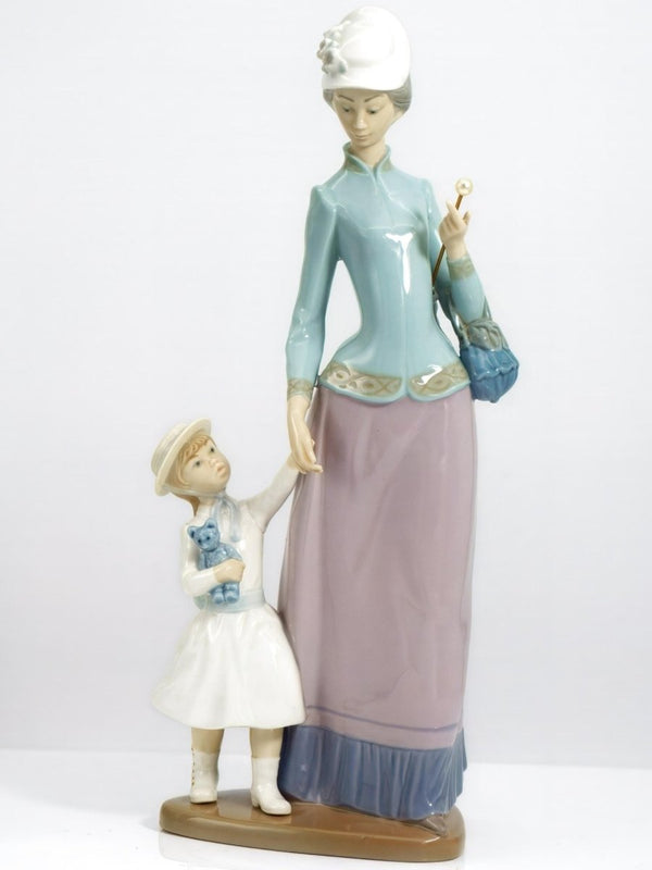 Lladro Large Lladro Porcelain Figurine Lady Walking with Girl 1353 | Mothers Day Gift for Wedding gift from aunt Graduation gift from mom Cabinet - Porcelain Figurine ClassyTea