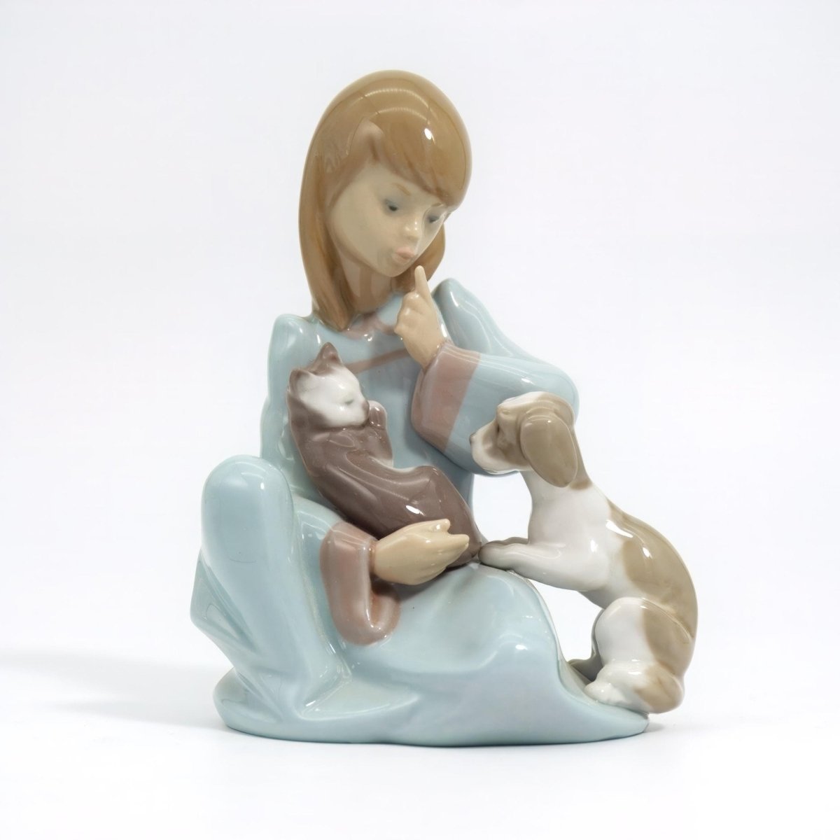 Lladro Lladro Cat Nap 5640 Vintage Porcelain Figurine Girl with Dog and Cat Victorian Mantle Shelf Decor Baby Powder Blue Shorthair Beagle Nursery - Porcelain Figurine ClassyTea