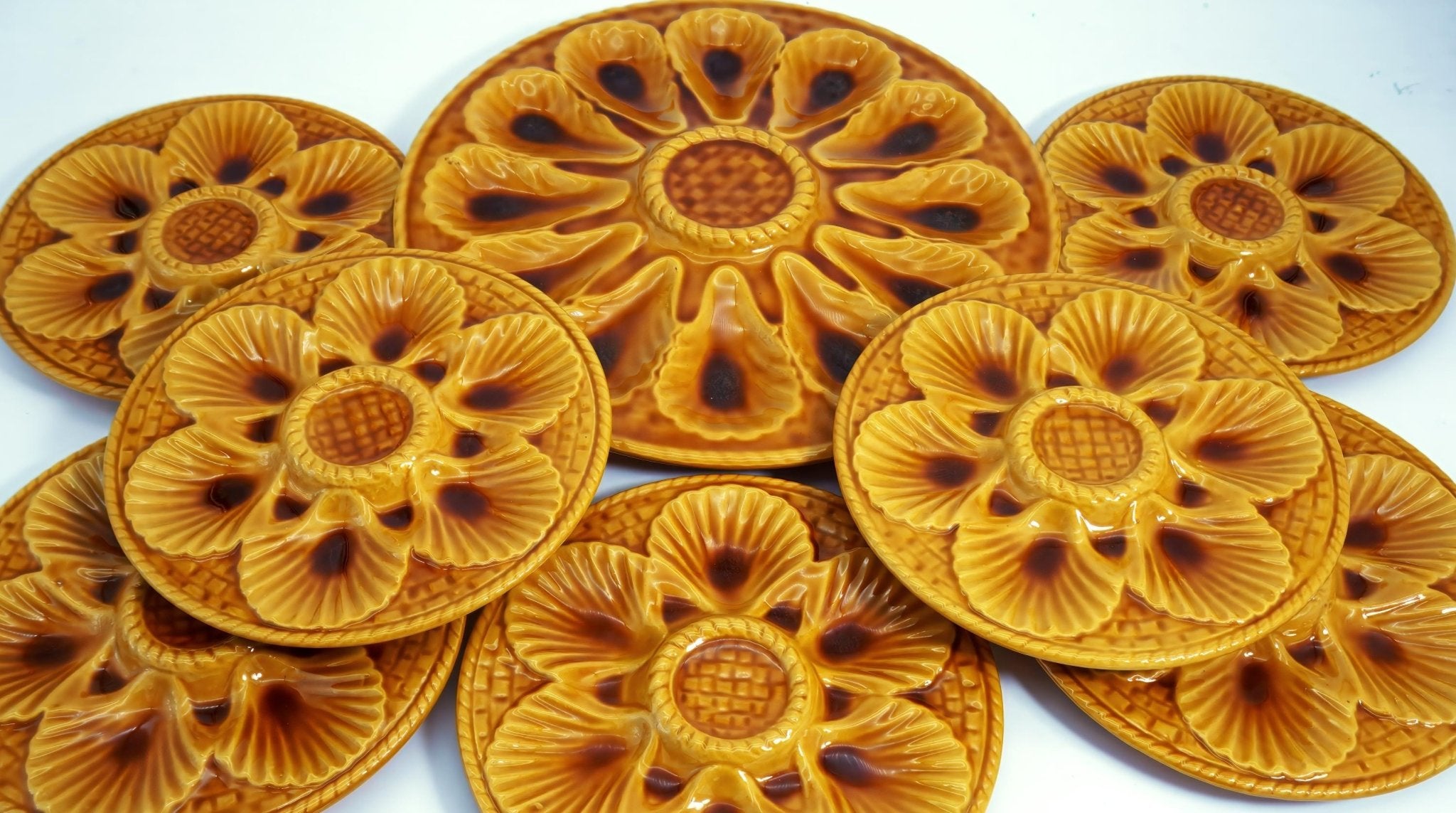 Marius Giuge Complete Vintage Oyster Plates Set w/ Extra Large Platter for Coastal Decor | Marius Giuge Vallauris French Farmhouse Amber Orange - Oyster Plate ClassyTea