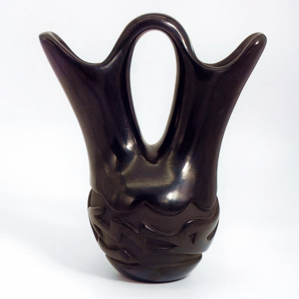 Mary Cain Signed Santa Clara Wedding Vase Native American Black Carved Vintage Pottery for Southwestern Decor Rustic Lodge Indigenous Art Collectible - Indigenous Vase ClassyTea