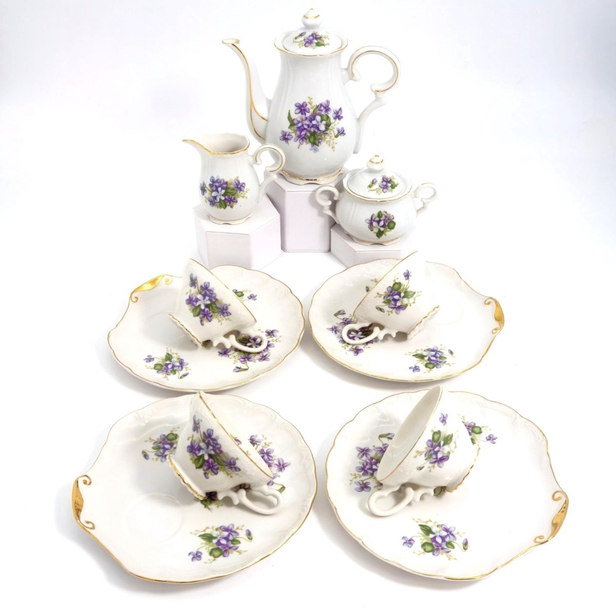 Metasco Vintage 1960s Tea Set with Purple and Gold Violets Fine China Tea Party Serveware Metasco Espresso Cup Set Japanese Dinnerware Easter Floral - Tea Set ClassyTea