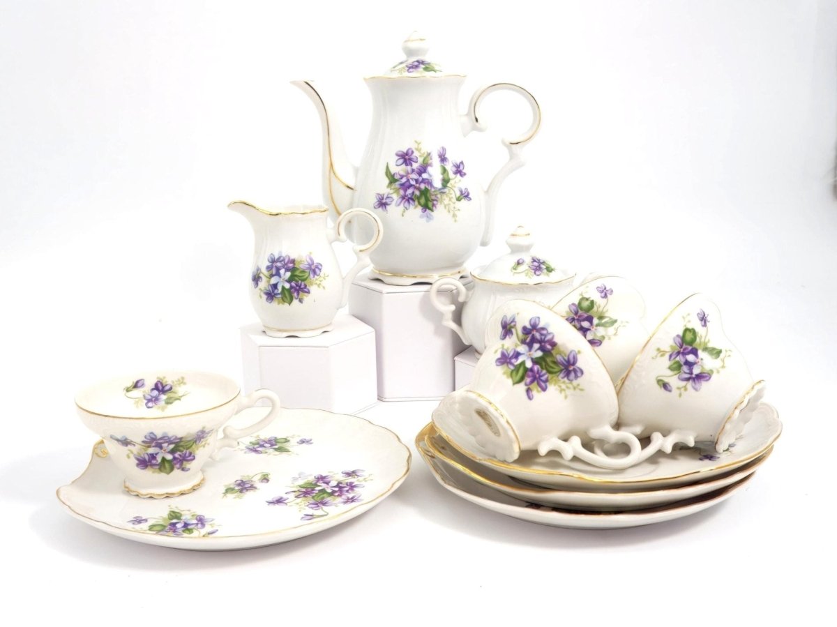 Metasco Vintage 1960s Tea Set with Purple and Gold Violets Fine China Tea Party Serveware Metasco Espresso Cup Set Japanese Dinnerware Easter Floral - Tea Set ClassyTea