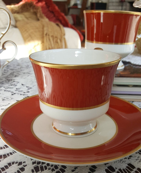 Mikasa 12 Piece MIKASA Egyptian Terracotta 6 Cup and 6 Saucer Bone China Set Red Rust Band Gold Trim on White Wedding Gift Luxury Afternoon Tea Set - 12 Piece MIKASA Egyptian Terracotta 6 Cup and 6 Saucer Bone China Set Red Rust Band Gold Trim on White Wedding Gift Luxury Afternoon Tea Set ClassyTea