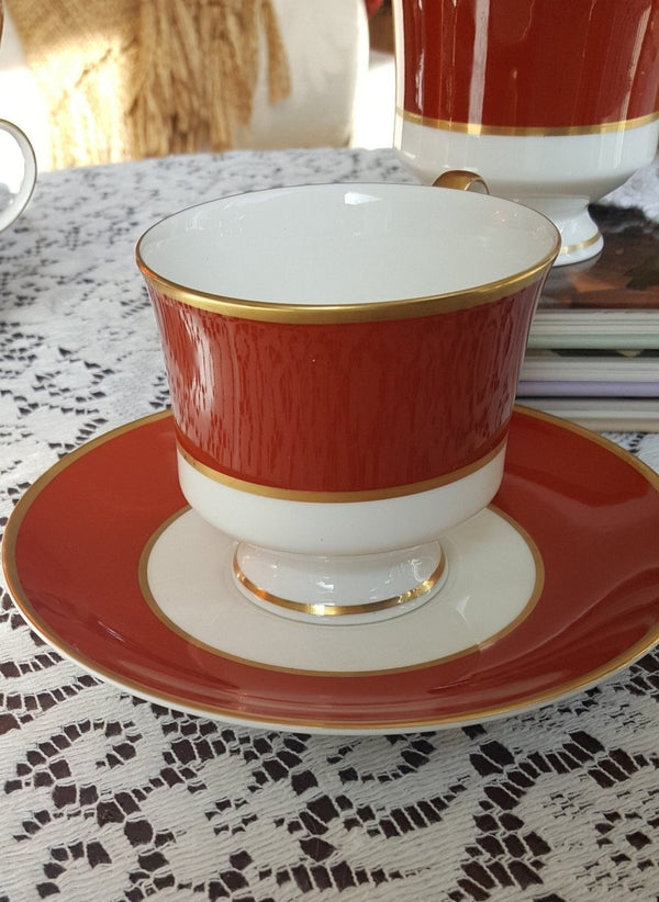 Mikasa 12 Piece MIKASA Egyptian Terracotta 6 Cup and 6 Saucer Bone China Set Red Rust Band Gold Trim on White Wedding Gift Luxury Afternoon Tea Set - 12 Piece MIKASA Egyptian Terracotta 6 Cup and 6 Saucer Bone China Set Red Rust Band Gold Trim on White Wedding Gift Luxury Afternoon Tea Set ClassyTea
