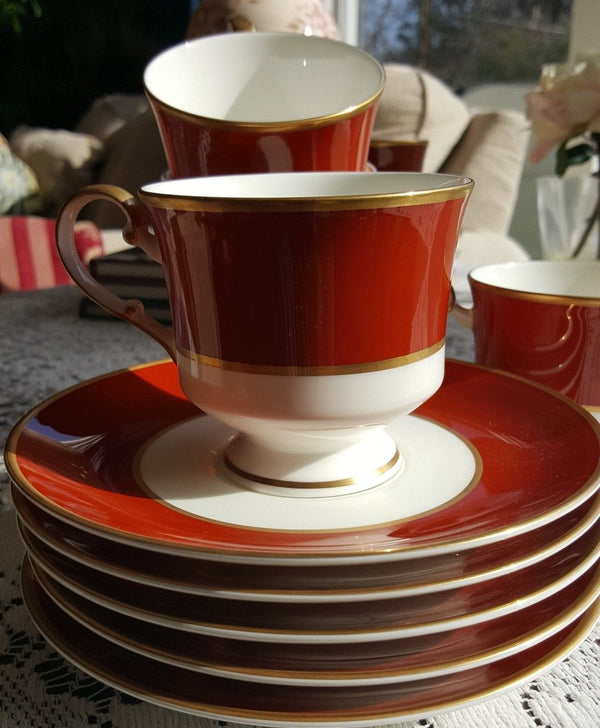 Mikasa 12 Piece MIKASA Egyptian Terracotta 6 Cup and 6 Saucer Bone China Set Red Rust Band Gold Trim on White Wedding Gift Luxury Afternoon Tea Set - 12 Piece MIKASA Egyptian Terracotta 6 Cup and 6 Saucer Bone China Set Red Rust Band Gold Trim on White Wedding Gift Luxury Afternoon Tea Set ClassyTea