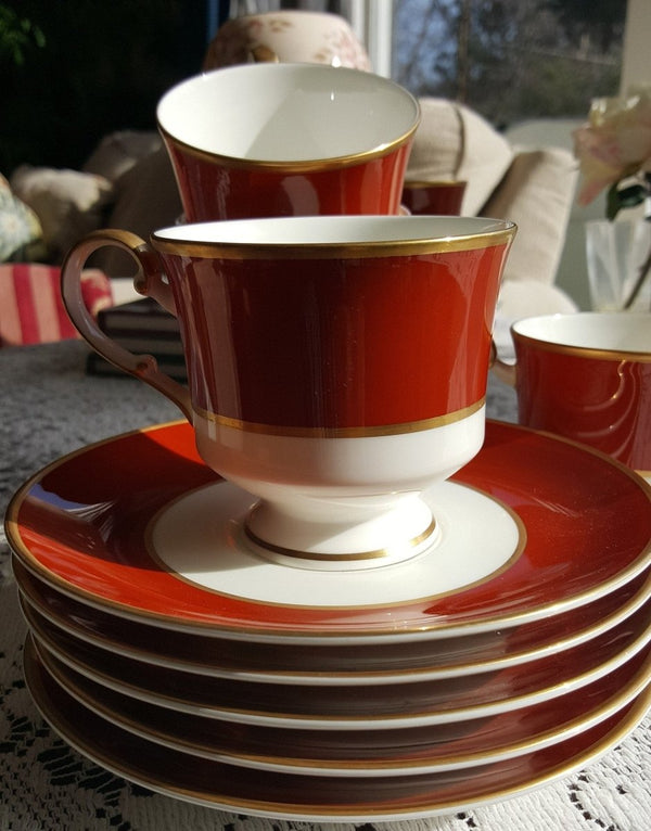 Mikasa 12 Piece MIKASA Egyptian Terracotta 6 Cup and 6 Saucer Bone China Set Red Rust Band Gold Trim on White Wedding Gift Luxury Afternoon Tea Set - 12 Piece MIKASA Egyptian Terracotta 6 Cup and 6 Saucer Bone China Set Red Rust Band Gold Trim on White Wedding Gift Luxury Afternoon Tea Set ClassyTea