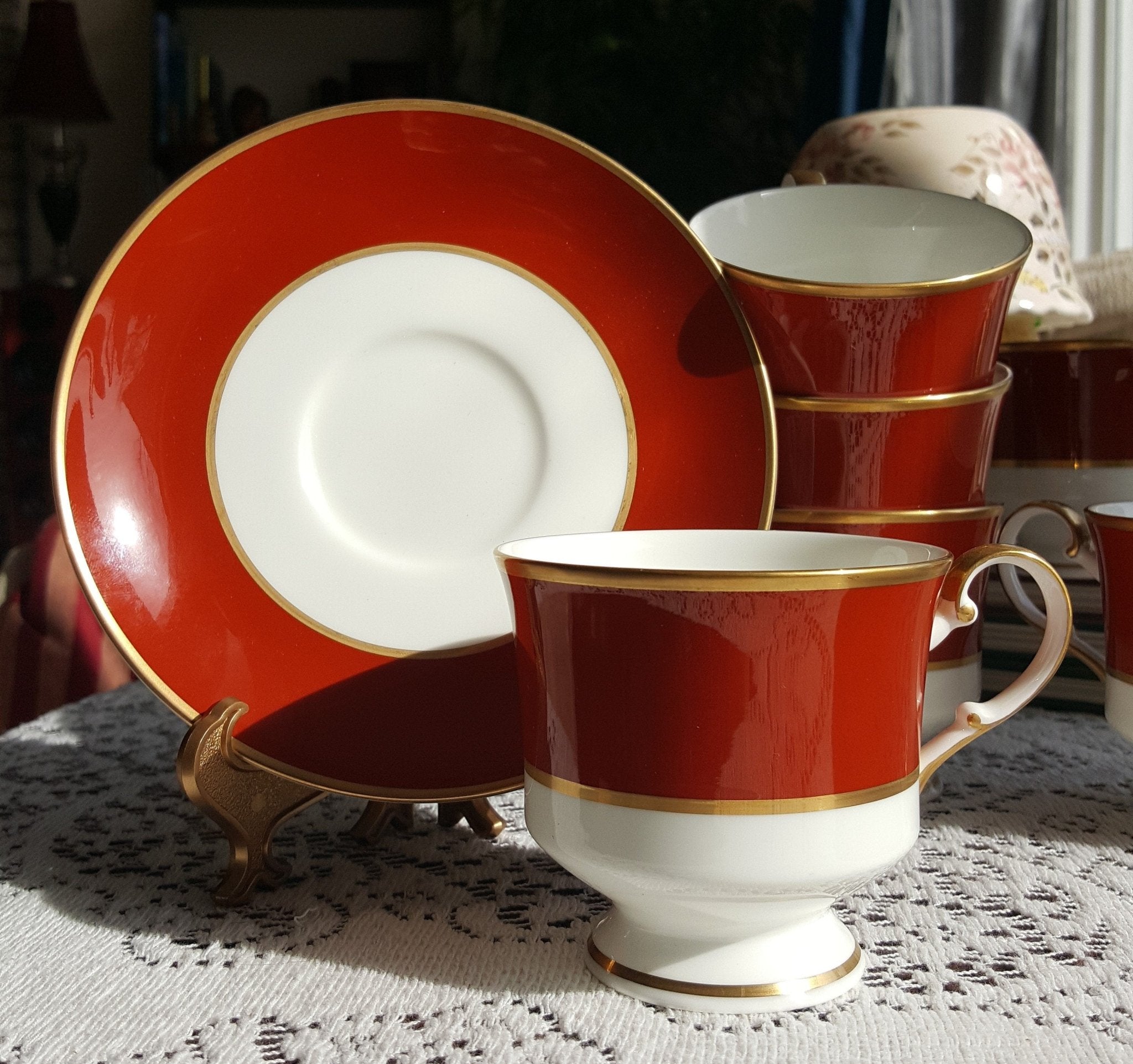 Mikasa 12 Piece MIKASA Egyptian Terracotta 6 Cup and 6 Saucer Bone China Set Red Rust Band Gold Trim on White Wedding Gift Luxury Afternoon Tea Set - 12 Piece MIKASA Egyptian Terracotta 6 Cup and 6 Saucer Bone China Set Red Rust Band Gold Trim on White Wedding Gift Luxury Afternoon Tea Set ClassyTea