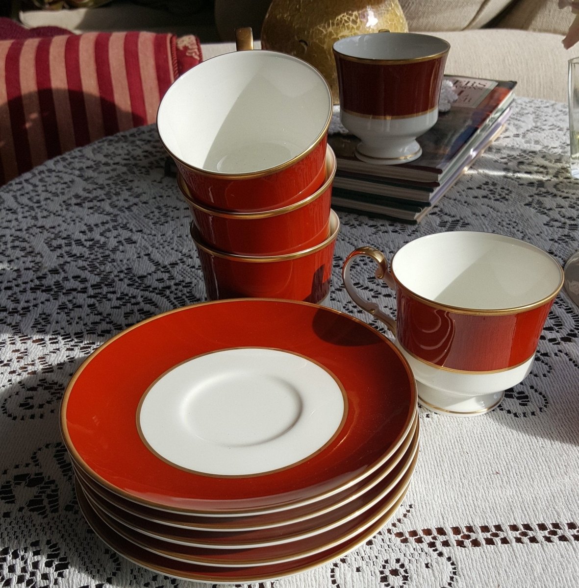 Mikasa 12 Piece MIKASA Egyptian Terracotta 6 Cup and 6 Saucer Bone China Set Red Rust Band Gold Trim on White Wedding Gift Luxury Afternoon Tea Set - 12 Piece MIKASA Egyptian Terracotta 6 Cup and 6 Saucer Bone China Set Red Rust Band Gold Trim on White Wedding Gift Luxury Afternoon Tea Set ClassyTea