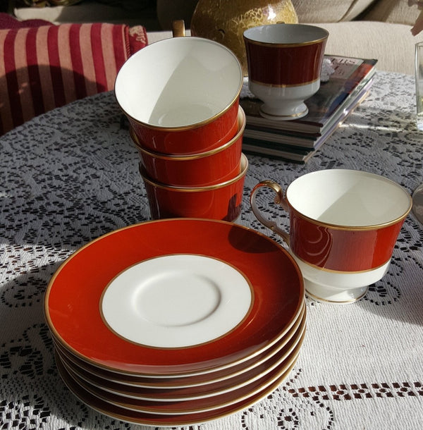 Mikasa 12 Piece MIKASA Egyptian Terracotta 6 Cup and 6 Saucer Bone China Set Red Rust Band Gold Trim on White Wedding Gift Luxury Afternoon Tea Set - 12 Piece MIKASA Egyptian Terracotta 6 Cup and 6 Saucer Bone China Set Red Rust Band Gold Trim on White Wedding Gift Luxury Afternoon Tea Set ClassyTea