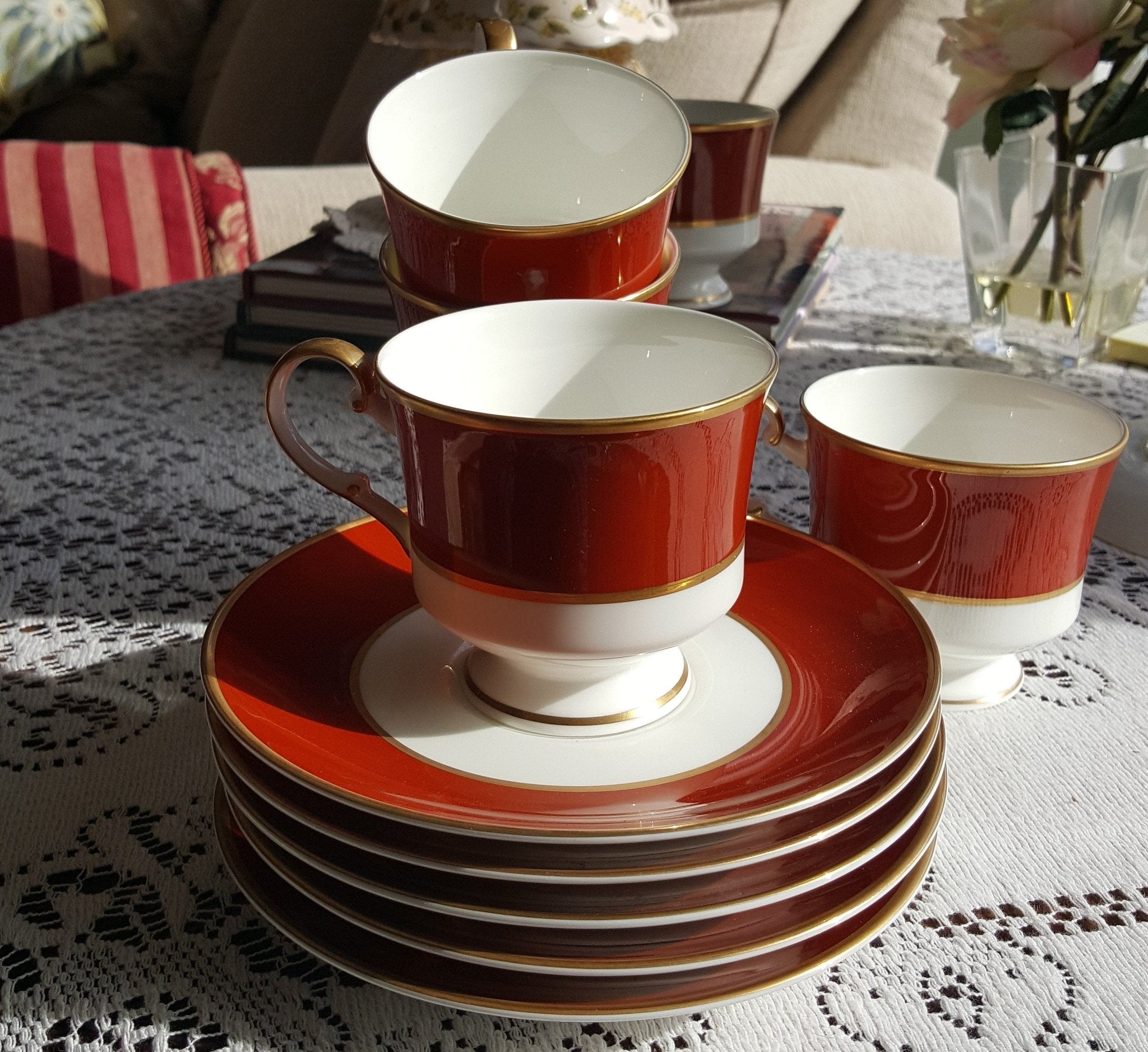 Mikasa 12 Piece MIKASA Egyptian Terracotta 6 Cup and 6 Saucer Bone China Set Red Rust Band Gold Trim on White Wedding Gift Luxury Afternoon Tea Set - 12 Piece MIKASA Egyptian Terracotta 6 Cup and 6 Saucer Bone China Set Red Rust Band Gold Trim on White Wedding Gift Luxury Afternoon Tea Set ClassyTea