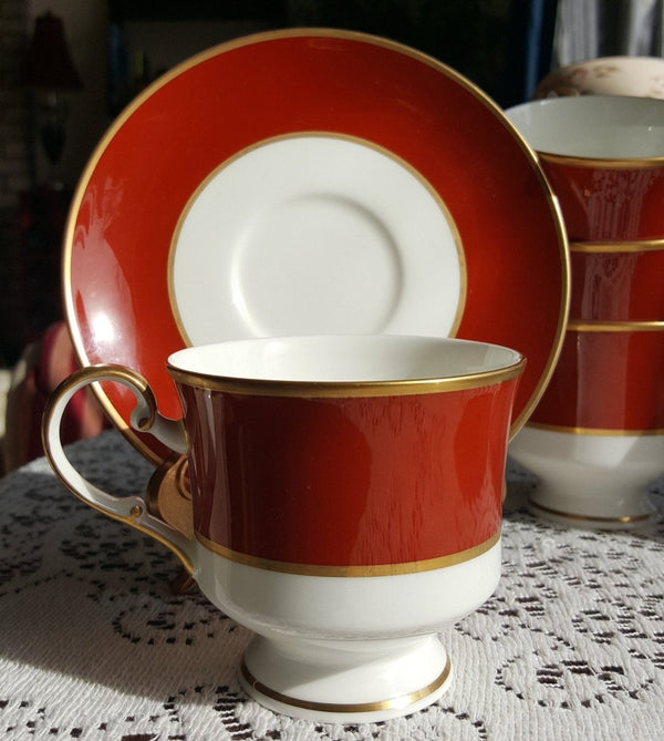 Mikasa 12 Piece MIKASA Egyptian Terracotta 6 Cup and 6 Saucer Bone China Set Red Rust Band Gold Trim on White Wedding Gift Luxury Afternoon Tea Set - 12 Piece MIKASA Egyptian Terracotta 6 Cup and 6 Saucer Bone China Set Red Rust Band Gold Trim on White Wedding Gift Luxury Afternoon Tea Set ClassyTea