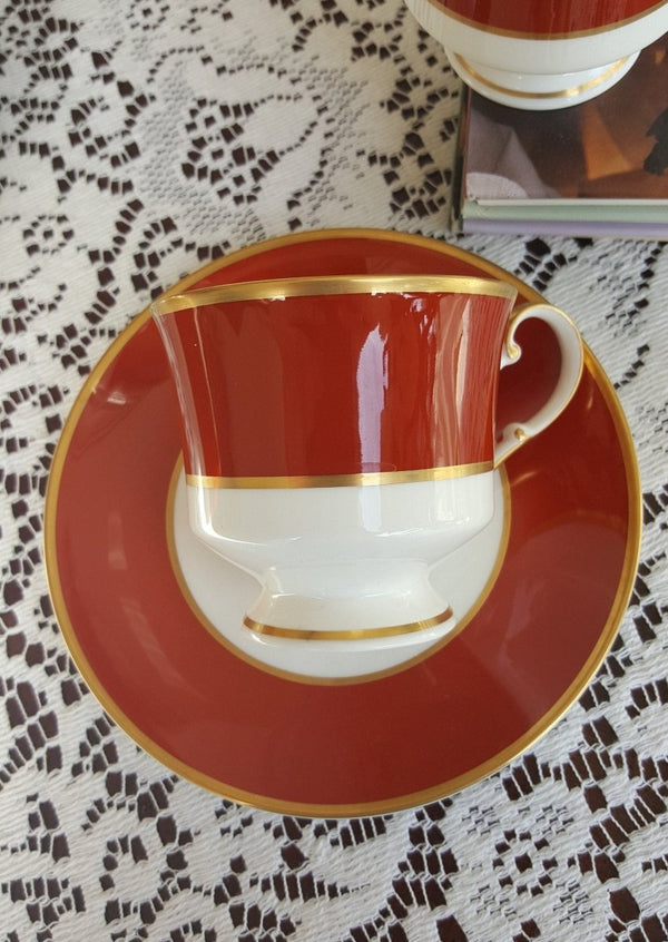 Mikasa 12 Piece MIKASA Egyptian Terracotta 6 Cup and 6 Saucer Bone China Set Red Rust Band Gold Trim on White Wedding Gift Luxury Afternoon Tea Set - 12 Piece MIKASA Egyptian Terracotta 6 Cup and 6 Saucer Bone China Set Red Rust Band Gold Trim on White Wedding Gift Luxury Afternoon Tea Set ClassyTea