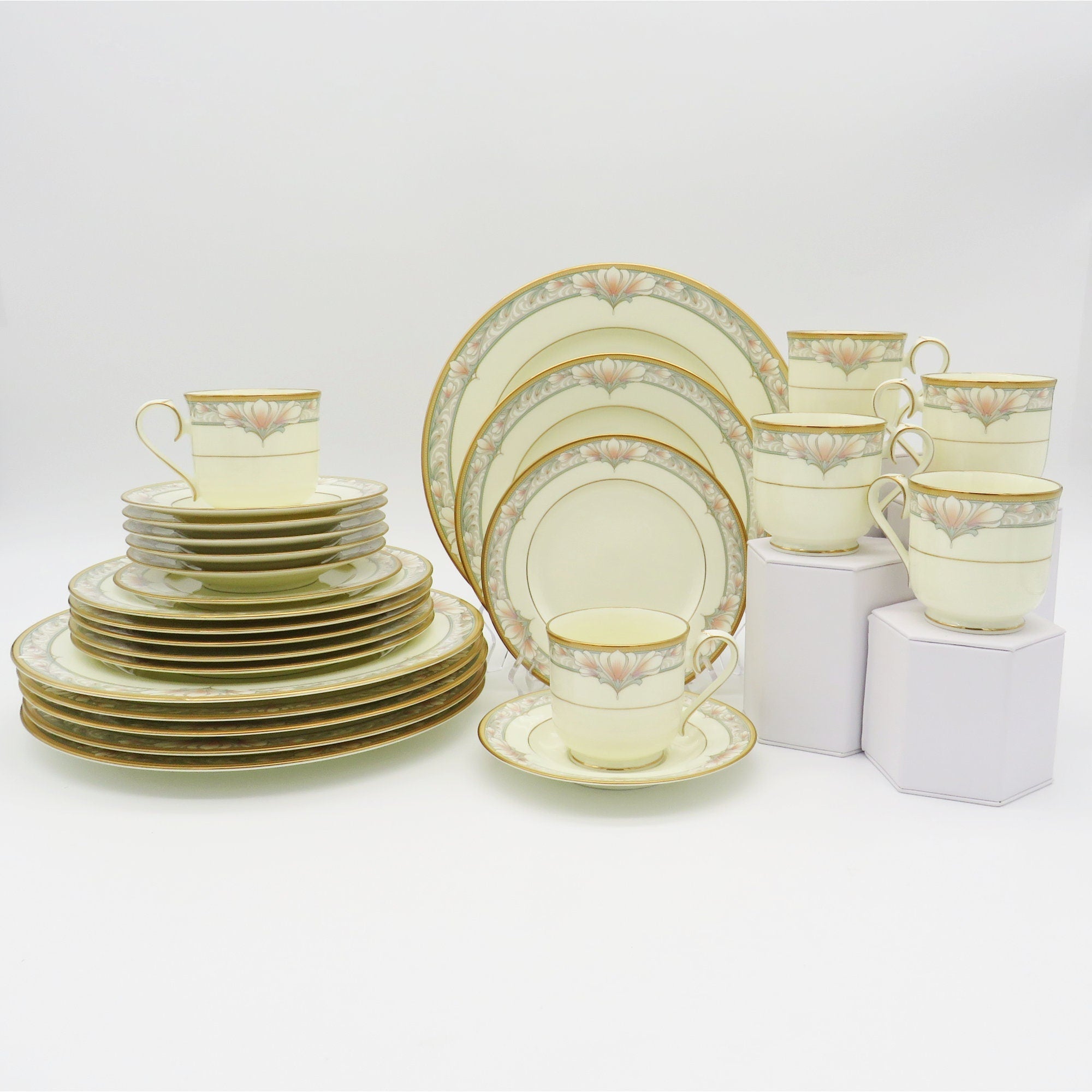 Noritake China Set for 4 Noritake Barrymore (20 - pieces) | Complete Dinnerware Set | Ivory, Cream, Pink White Flowers | Daughter in law wedding gift - China Set ClassyTea