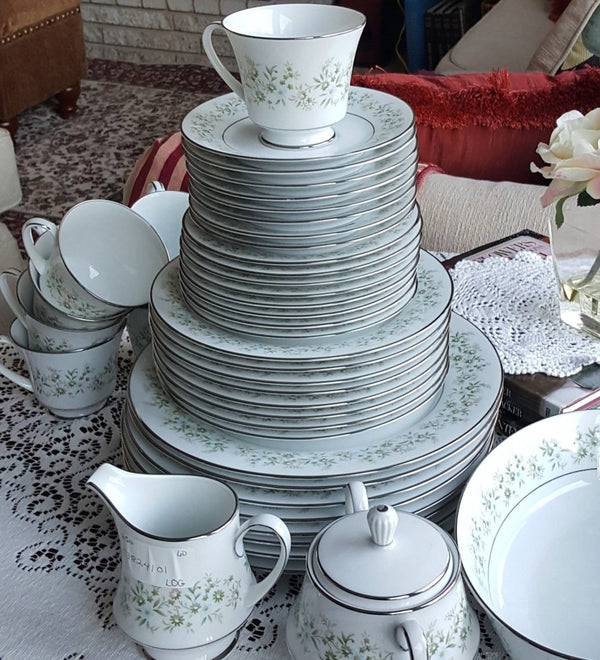 Noritake China Set for 8 Noritake Savannah Complete Dinnerware Set 45 Pieces Platinum Trim Green Foliage Light Blue pink Flowers on White - China Set ClassyTea