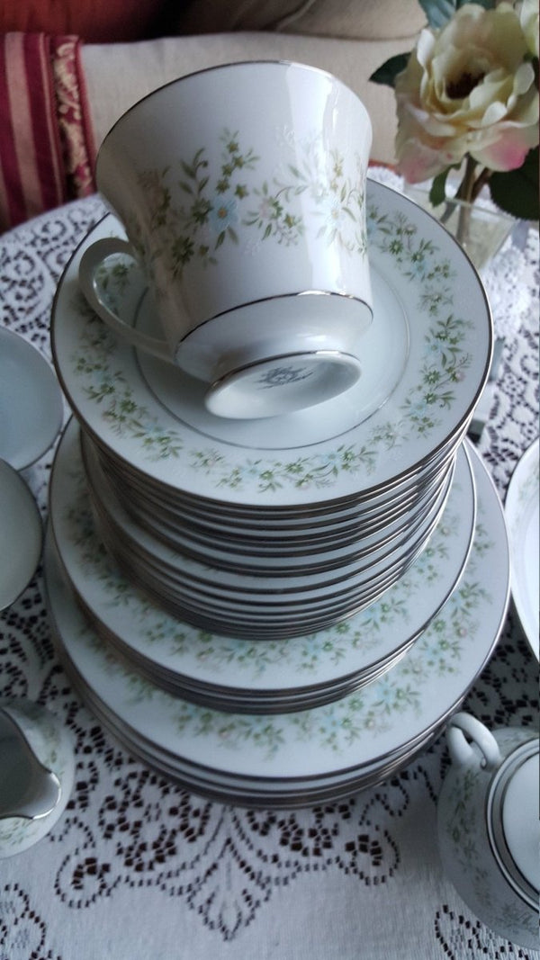 Noritake China Set for 8 Noritake Savannah Complete Dinnerware Set 45 Pieces Platinum Trim Green Foliage Light Blue pink Flowers on White - China Set ClassyTea