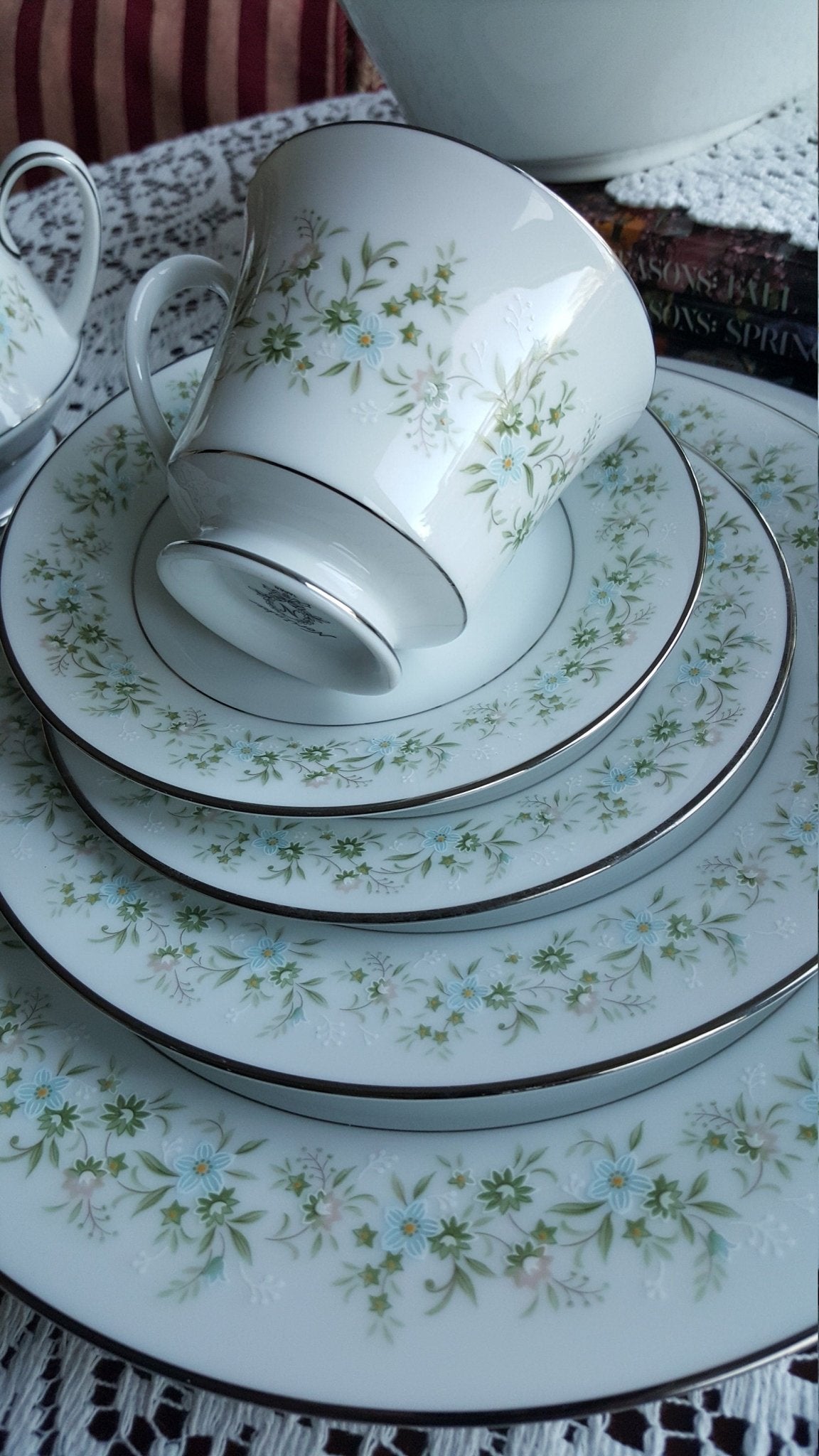 Noritake China Set for 8 Noritake Savannah Complete Dinnerware Set 45 Pieces Platinum Trim Green Foliage Light Blue pink Flowers on White - China Set ClassyTea