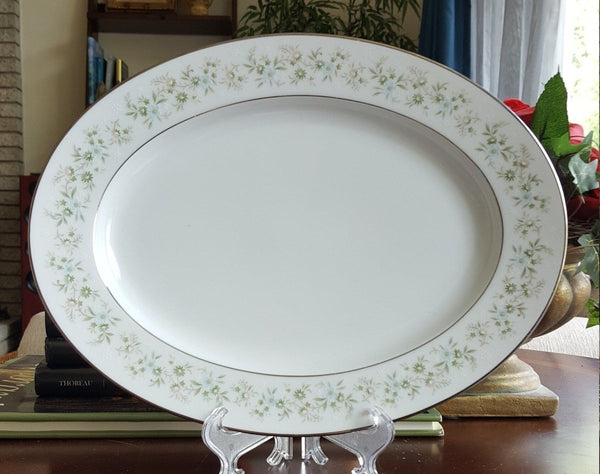 Noritake China Set for 8 Noritake Savannah Complete Dinnerware Set 45 Pieces Platinum Trim Green Foliage Light Blue pink Flowers on White - China Set ClassyTea